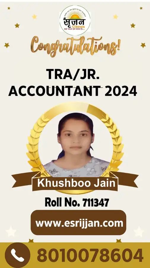 Khushboo Jain - RSMSSB TRA Junior Accountant 2024 selected student
